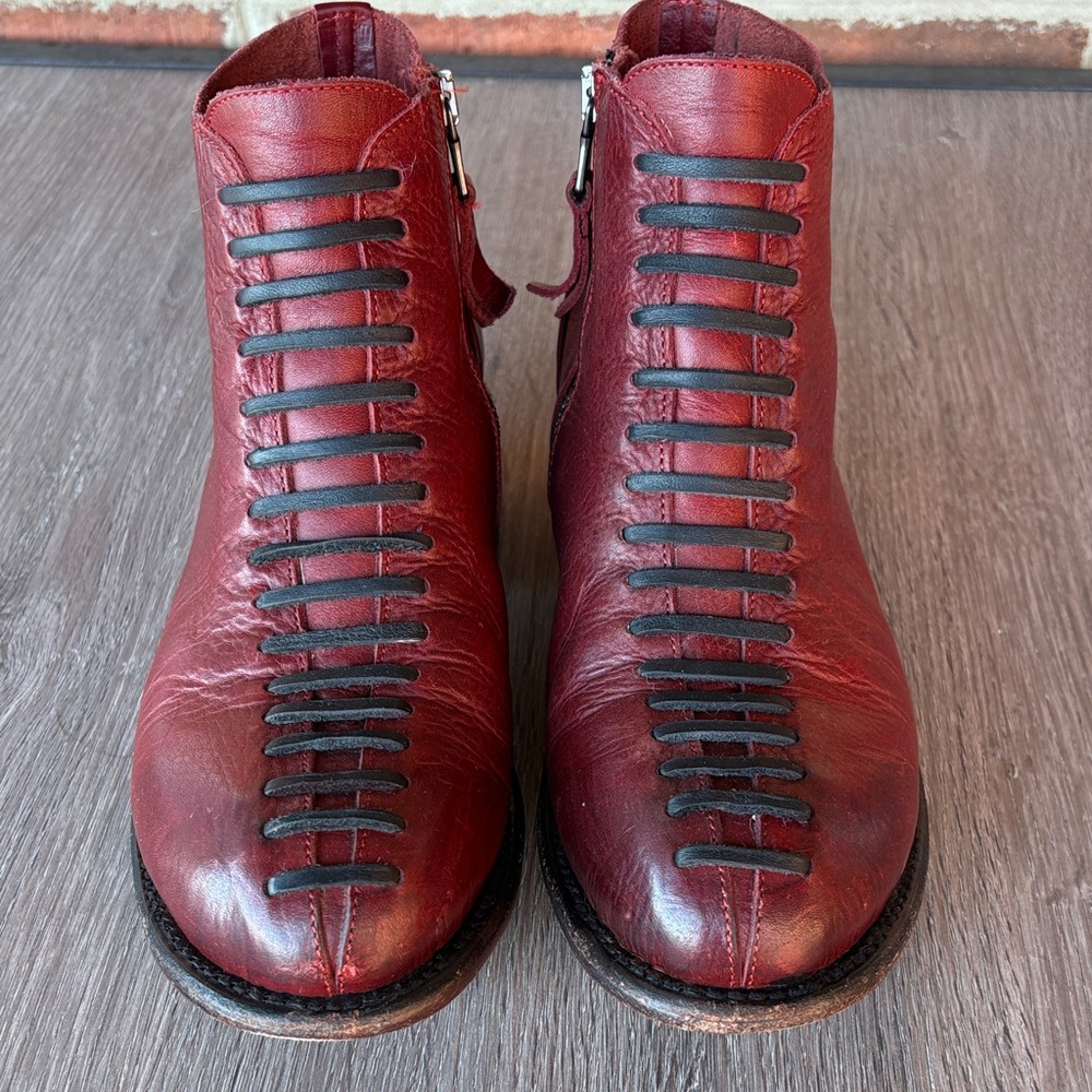 John Fluevog Babette Red Ankle Boots with Black Laces